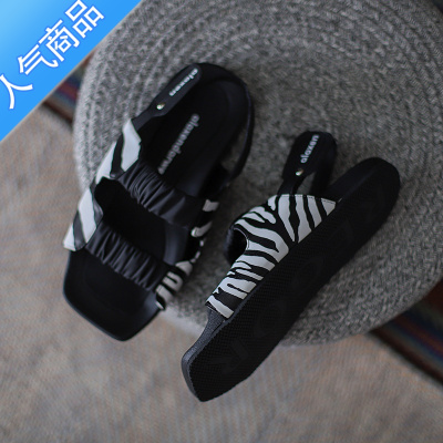 SUNTEK2023新款韩国复古斑马纹法式凉鞋女一字软底后绊带平底镂空沙滩鞋