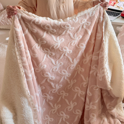 新款ins法式浪漫花边兔毛绒毛毯毯子牛奶绒盖毯四季办公室午睡毯