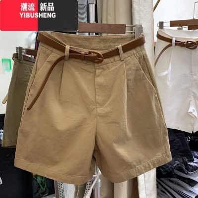 YIBUSHENG薄款卡其色西装短裤女季2024韩版高腰显瘦宽松直筒阔腿休闲裤