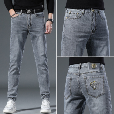 轻奢欧货蓝灰色牛仔裤男修身小脚休闲潮流弹力百搭潮牌杜美莎长裤