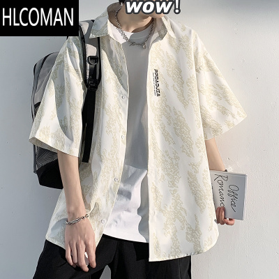 HLCOMAN夏季男士短袖衬衫日系潮流冰丝衬衣外套潮牌休闲薄款男生上衣宽松