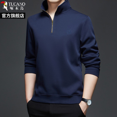 啄木鸟半拉炼纯棉休闲上衣男秋冬季新款宽松长袖上衣中年内搭打底衫H