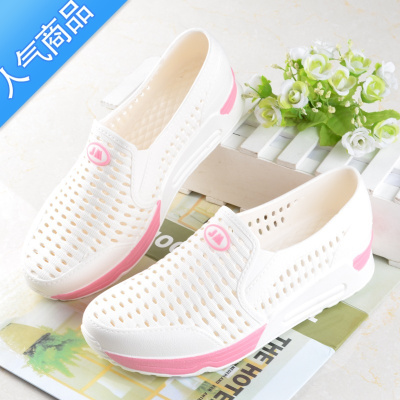 SUNTEK夏季白色塑料凉鞋女护士鞋内增高坡跟洞洞鞋凉鞋厚底镂空沙滩鞋女