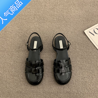 SUNTEK包头凉鞋女鞋子2023年春夏新款低跟圆头仙女风配裙子中空凉单鞋女