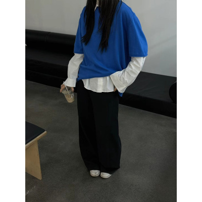 松弛感 圆领宽松羊毛针织衫短袖T恤女夏新款韩系卷边叠穿防晒罩衫