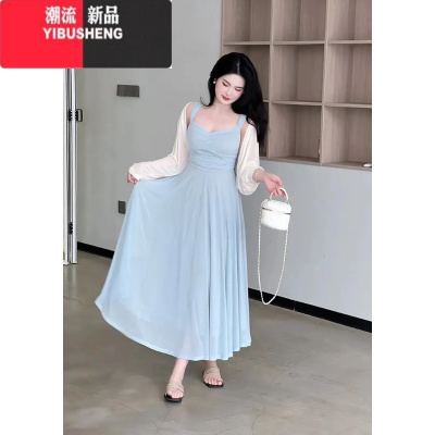 YIBUSHENG大码胖mm法式温柔风吊带连衣裙女季新款收腰遮肉显瘦气质长裙子