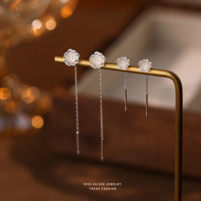 幻彩白玫瑰花耳线女s925纯银轻奢高级感甜美流苏耳钉优雅耳饰代发送女朋友老婆情人节七夕生日礼物