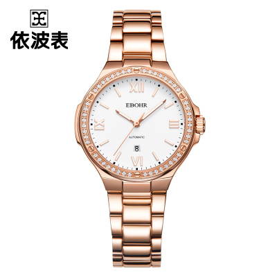 依波表EBOHR自动机械女表不锈钢蝴蝶扣日历显示50米防水人工蓝宝石玻璃表镜