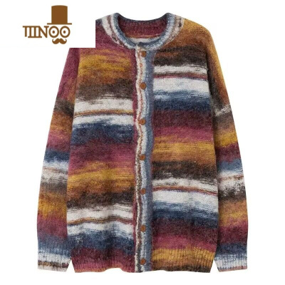 YANXU秋季美式复古彩虹撞色慵懒开衫毛衣男女宽松休闲情侣针织外套潮牌