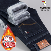 正品啄木鸟加绒牛仔裤男士秋冬加厚宽松弹力直筒修身休闲百搭裤子