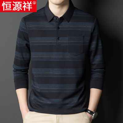 恒源祥中老年长袖T恤男士翻领Polo衫宽松条纹爸爸装上衣春秋薄款