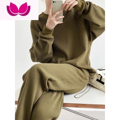 七斓华夫格大码圆领卫衣运动服套装女韩版oversize休闲长裤套