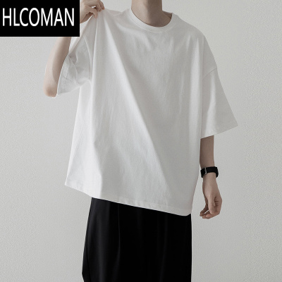HLCOMAN纯白色短袖t恤男夏季基础款简约高级感半袖o纹小领口休闲打底衫