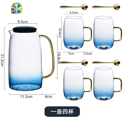 北欧创意冷水壶大容量凉水壶扎壶家用玻璃可高温凉白开水杯瓶套装 FENGHOU 云石6杯+双层杯架+莫兰迪小号托盘+6小勺