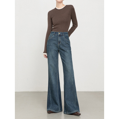 025年冬季加绒加厚牛仔喇叭裤女复古高腰四面弹筒喇长裤