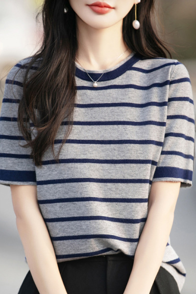 夏新款女装上衣全纯色棉针织衫短袖女T恤女圆领背心条纹