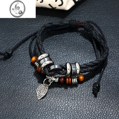 JiMi树叶子手链男女个性复古多层手工编织皮革手环简约学生情侣手饰品