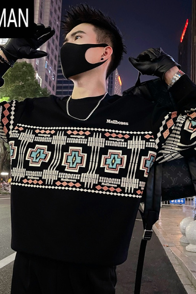 HLCOMAN民族风印花卫衣男长袖体恤t痞帅男装上衣T恤2024新款秋季外套