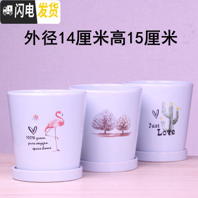 三维工匠欧式花盆陶瓷三个大中号简约创意家用绿植盆栽花盆带托盘 蓝鹤蓝树蓝掌14厘米三个 中等花盆容器