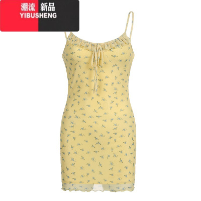 YIBUSHENGAOMR纯欲小清新黄色碎花连衣裙女BM小个子双层网纱包臀吊带裙季