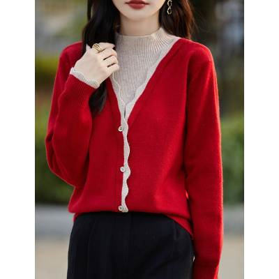 秋季新款时尚半高领气质打底衫女长袖上衣拼色假两件毛衣女