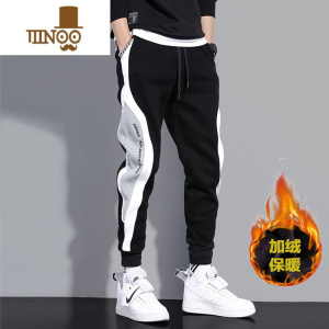 YANXU休闲卫裤冬加绒加厚运动裤男潮流新款宽松黑白拼接潮百搭束脚长裤