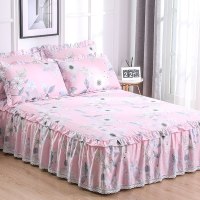 美帮汇全棉床罩床套防滑床裙式单件全棉保护防尘米床单1三件套花边公主 繁花粉 150x200[单件床裙]