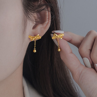 s925银针蝴蝶结流苏耳钉女复古精致甜美圆珠耳坠独特高颜值耳饰送女朋友老婆情人节七夕生日礼物