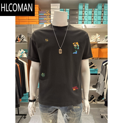 HLCOMAN创意刺绣花男款白色t恤圆领短袖2025夏新款简约百搭高端宽松上衣