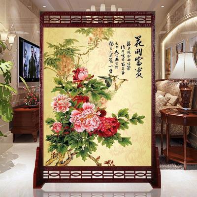 BONJEAN中式现代屏风酒店简约玄关办公室客厅隔断实木双面牡丹定做座折屏