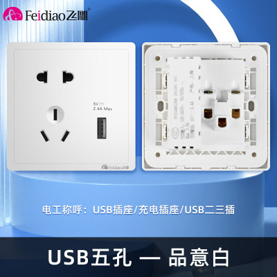 飞雕(FEIDIAO)开关插座 86型家用暗装超大面板PC支架 品意系列家用插座 品意白五孔带一位USB 2.4A