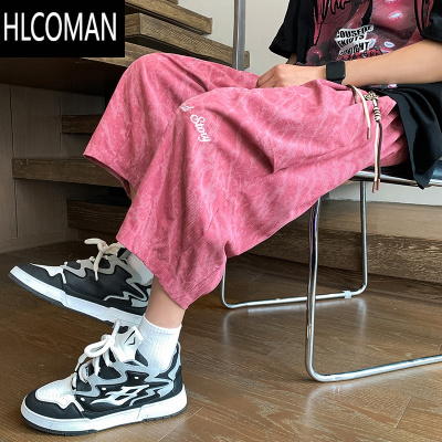 HLCOMAN垂感刺绣七分休闲裤子夏季薄款粉红色扎染短裤男大码五六分阔腿裤