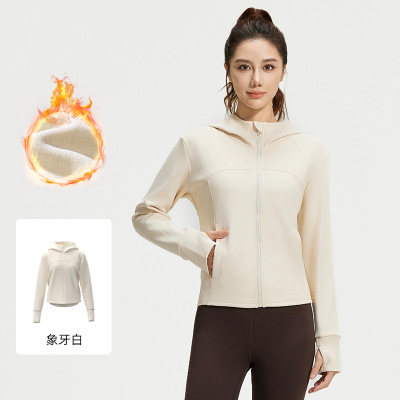 秋冬加绒连帽外套女宽松加绒加厚时尚口袋瑜伽外套