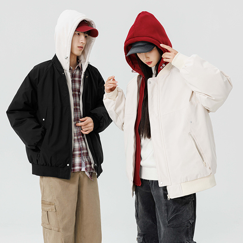 男装新款连帽假两件棉衣男秋冬季保暖加厚棉袄情侣时尚面包服外套