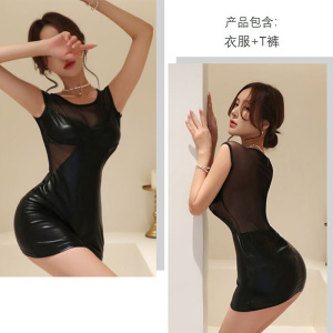 女王SM漆皮紧身包臀连衣裙全透明透视漏背丁字内裤套装女士情趣内衣开档露乳免脱性感诱惑女式情趣睡衣长夜漫漫成人欧美女性用品 裙+内裤 均码80-135斤