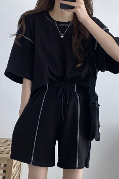含棉套装女装短袖短裤两件套学生情侣韩版夏季时尚休闲运动服宽松