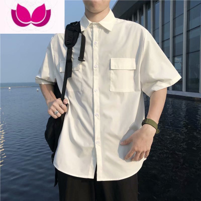 七斓港风ins衬衫男短袖韩版纯色工装衬衣潮流夏季薄款五分半袖日系