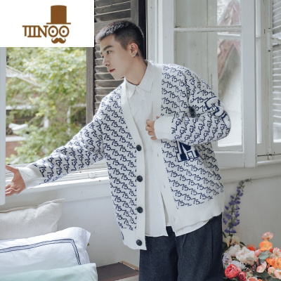 YANXU复古V领加厚开衫毛衣男士针织衫潮牌青少年毛线衣情侣外套