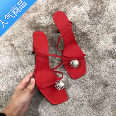 SUNTEK外穿拖鞋女2023夏季新款小众凉鞋套趾高跟细跟水钻性感百搭半拖鞋