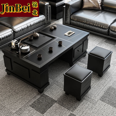 锦北火烧石功夫茶几茶桌椅组合茶具一体套装茶台一键上水1.2米黑色