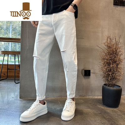 YANXU破洞黑色牛仔裤男夏季秋季潮牌修身显瘦小脚裤子痞帅男生九分裤