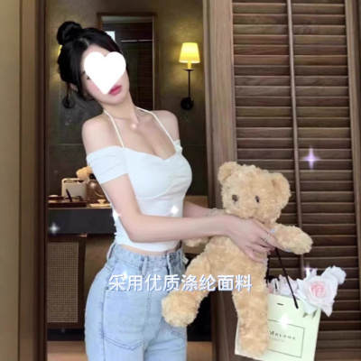 纯色辣妹挂脖露肩短袖T恤女新款夏季修身纯欲风短款一字肩上衣潮