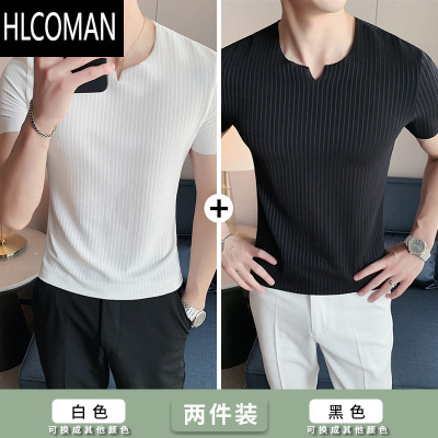 HLCOMANt恤男夏季薄款修身冰丝无痕凉感V领条纹男士短袖夏天衣服2025新款