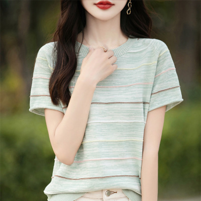 夏季新款圆领棉线针织衫短袖女气质彩色修身T恤套头条纹上衣