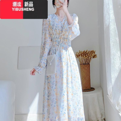 YIBUSHENG长袖/短袖 可盐可甜温柔风长裙仙气仙女森系V领雪纺碎花连衣裙