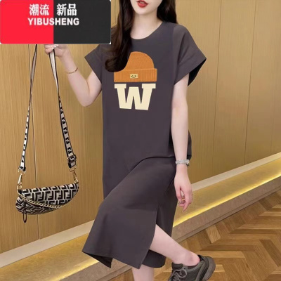 YIBUSHENG短袖连衣裙女季大码宽松中长款过膝t恤裙百搭休闲开叉长裙