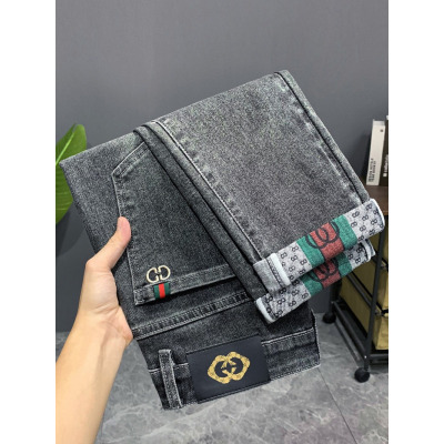 秋冬厚款牛仔裤男修身韩版印花青年裤子黑色弹力中腰透气男式长裤