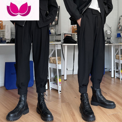 七斓搭配马丁靴裤子男士魔术贴西裤男痞帅加绒束脚网红哈伦休闲裤