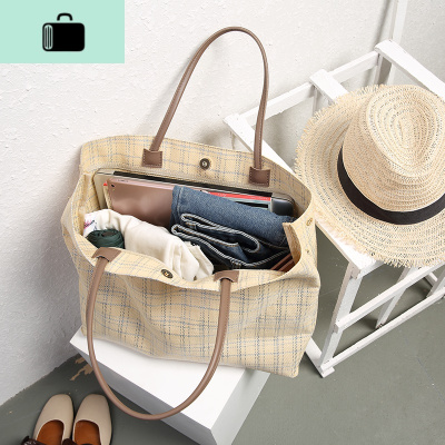 2020春夏原创新款潮流格子帆布包大容量手提购物袋 简约旅行包女NEW LAKE女士单肩包