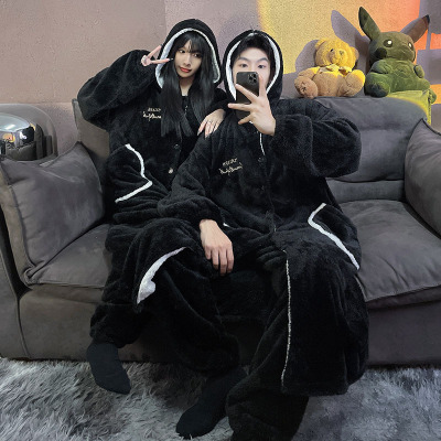 情侣睡衣女款春秋冬季珊瑚绒加厚加绒保暖一男士一女士家居服套装